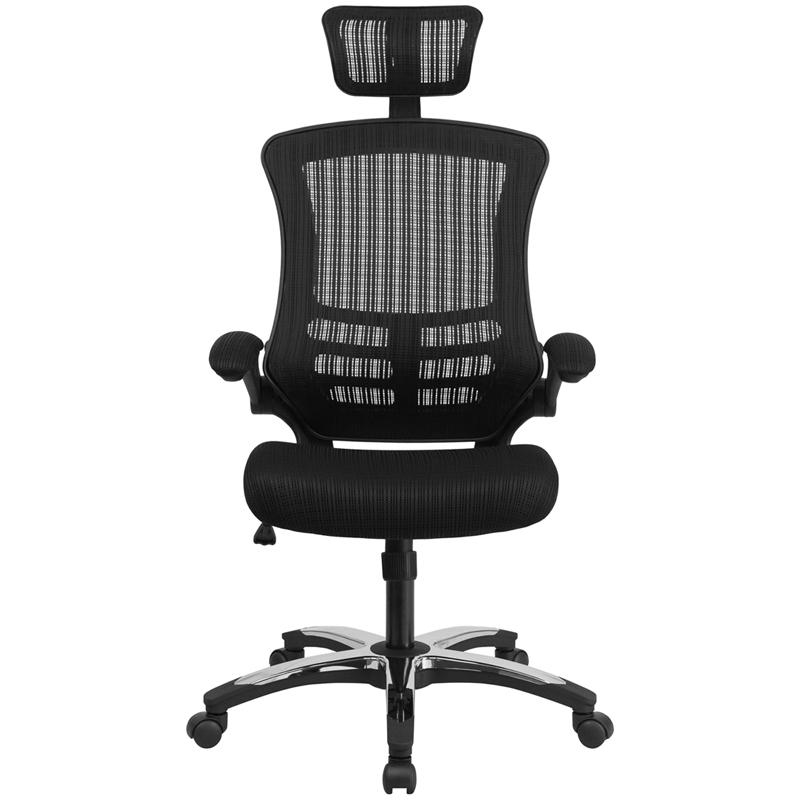 High-Back Black Mesh Swivel Ergonomic Executive Office Chair with Flip-Up Arms and Adjustable Headrest, BIFMA Certified