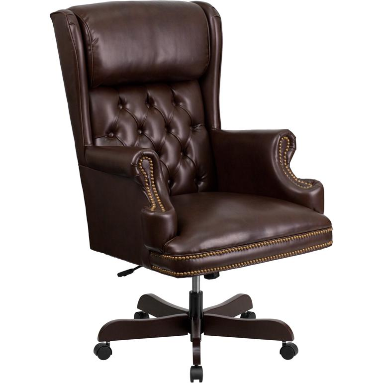 High Back Traditional Tufted Brown LeatherSoft Executive Ergonomic Office Chair with Oversized Headrest & Nail Trim Arms
