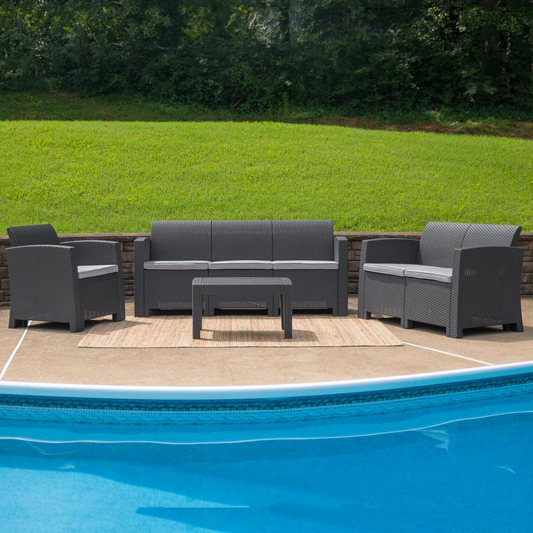 4 Piece Outdoor Faux Rattan Chair, Loveseat, Sofa and Table Set in Dark Gray