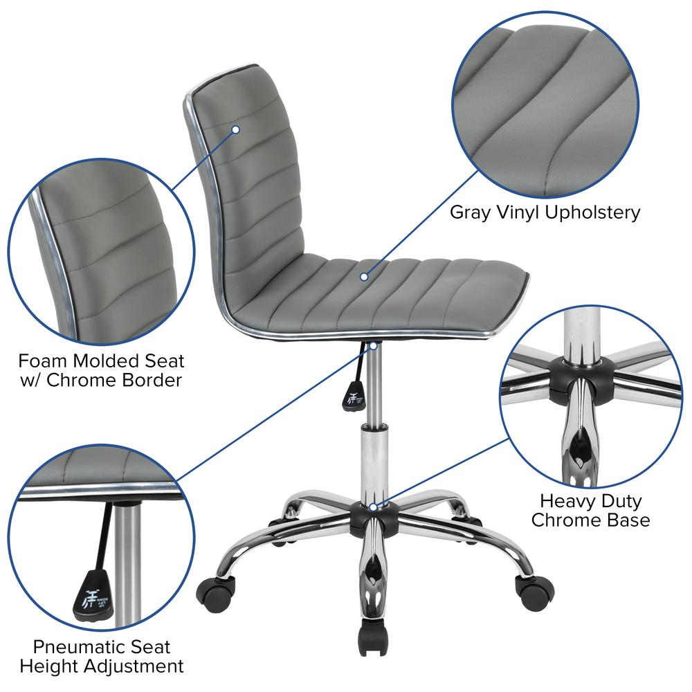 Low Back Designer Armless Light Gray Ribbed Swivel Task Office Chair