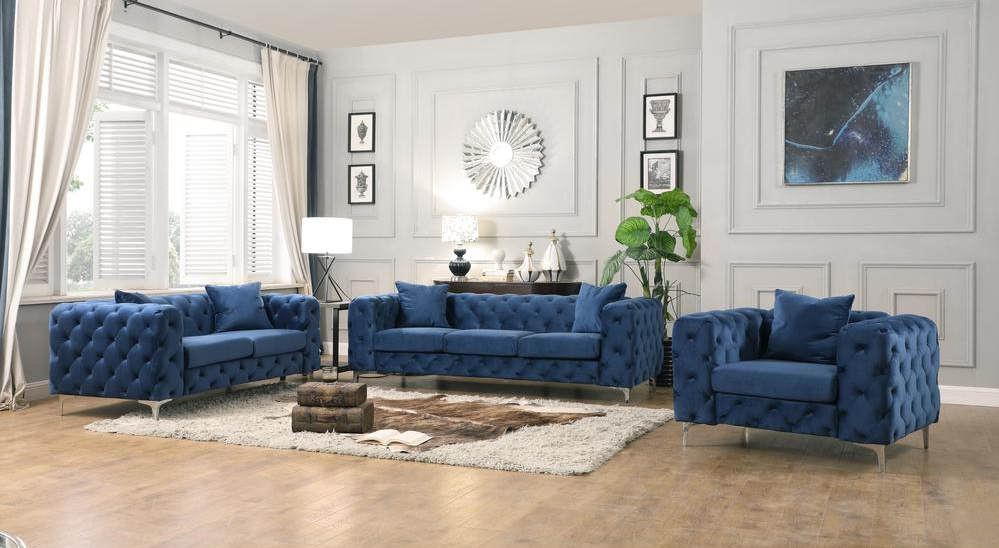 Nigel Blue Velvet 3 Piece Sofa Set
