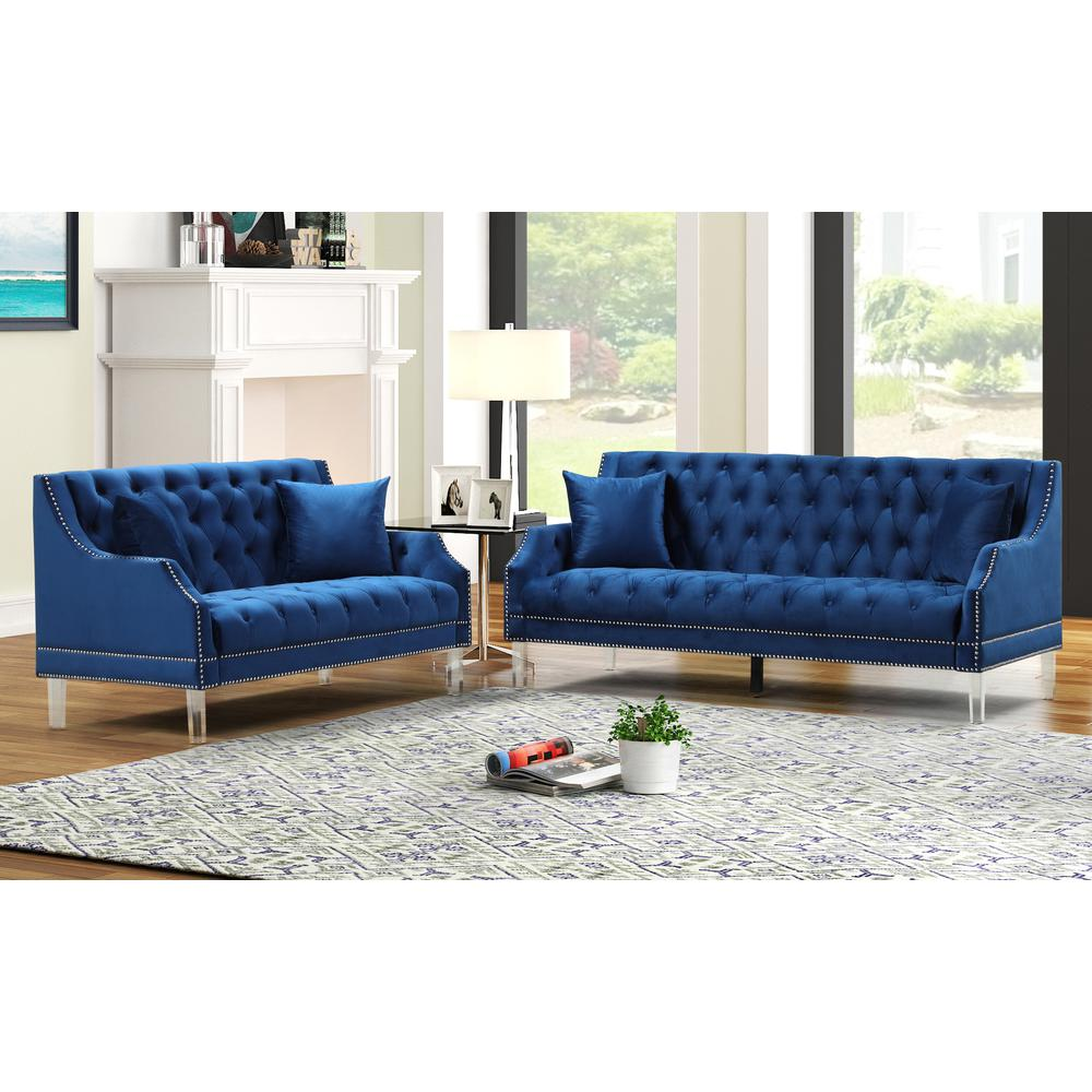 Tao Tufted Velvet with Acrylic Legs Sofa and Loveseat Set in Blue