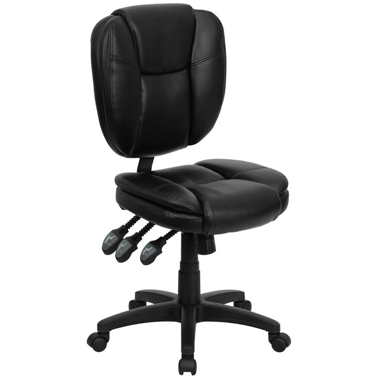 Mid-Back Black LeatherSoft Multifunction Swivel Ergonomic Task Office Chair with Pillow Top Cushioning