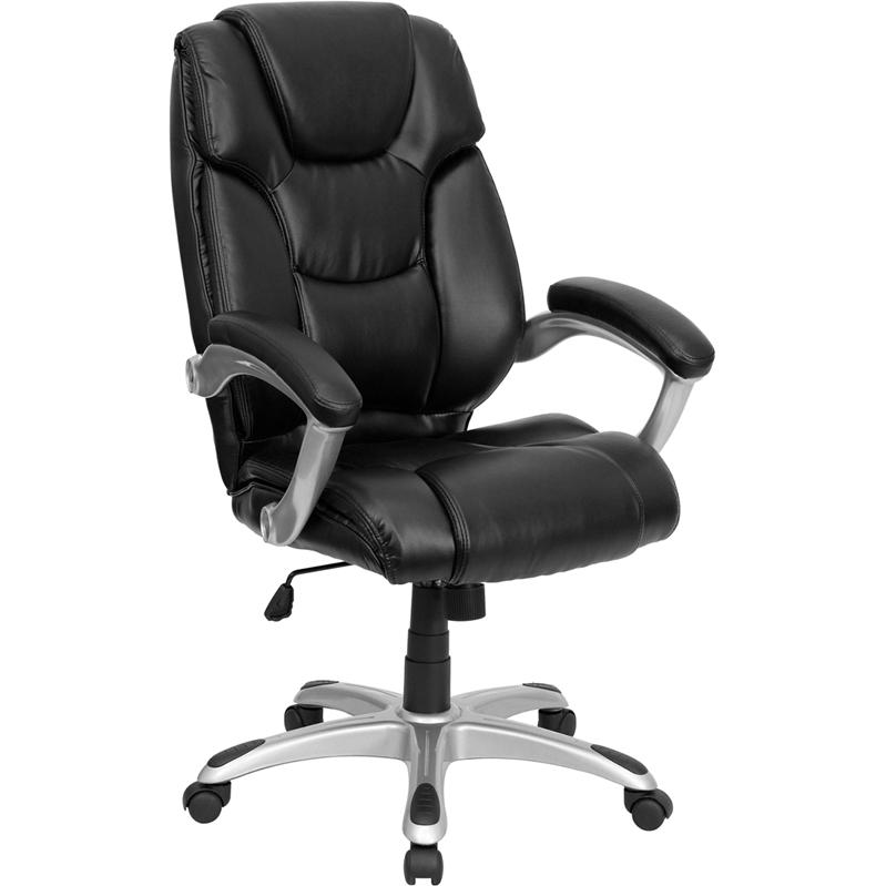High Back Black LeatherSoft Layered Upholstered Executive Swivel Ergonomic Office Chair with Silver Nylon Base and Arms