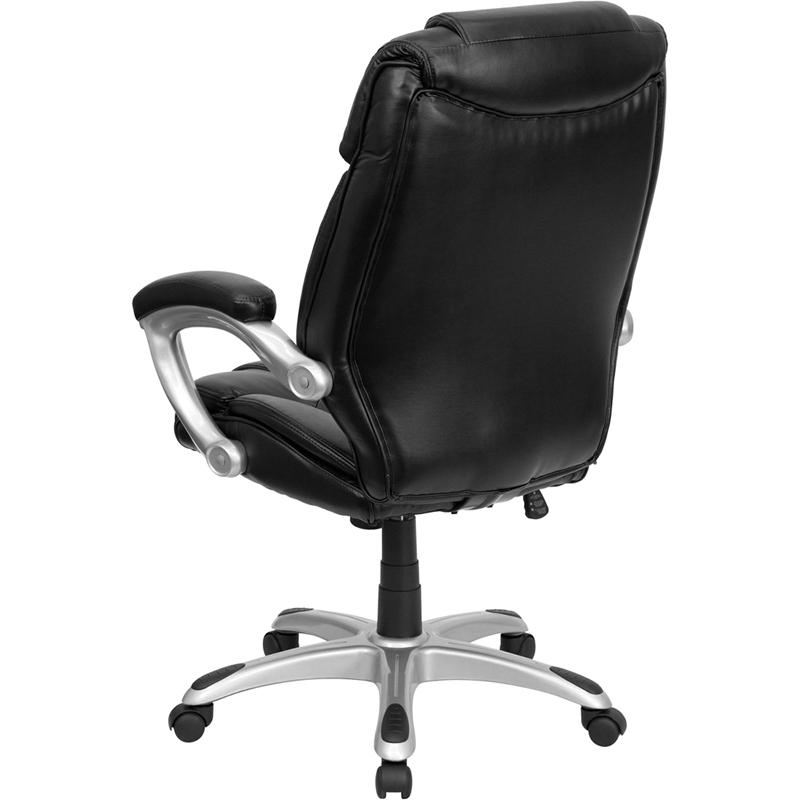 High Back Black LeatherSoft Layered Upholstered Executive Swivel Ergonomic Office Chair with Silver Nylon Base and Arms