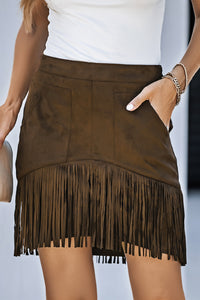 Thumbnail for Fringe Detail Zip-Back Skirt with Pockets