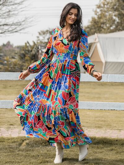 Printed Smocked Tie Neck Balloon Sleeve Maxi Dress