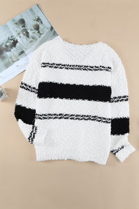 Thumbnail for Striped V-Neck Popcorn Knit Sweater