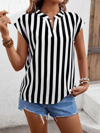 Thumbnail for Striped Notched Neck Cap Sleeve Blouse