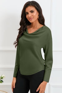 Thumbnail for Cowl Neck Dropped Shoulder Long Sleeve Back Tie Blouse
