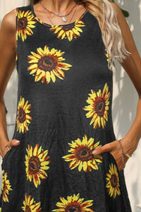Thumbnail for Printed Round Neck Sleeveless Dress with Pockets
