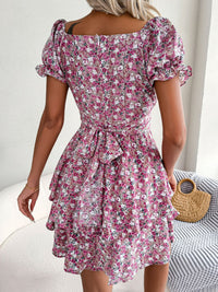 Thumbnail for Floral Sweetheart Neck Flounce Sleeve Mini Dress