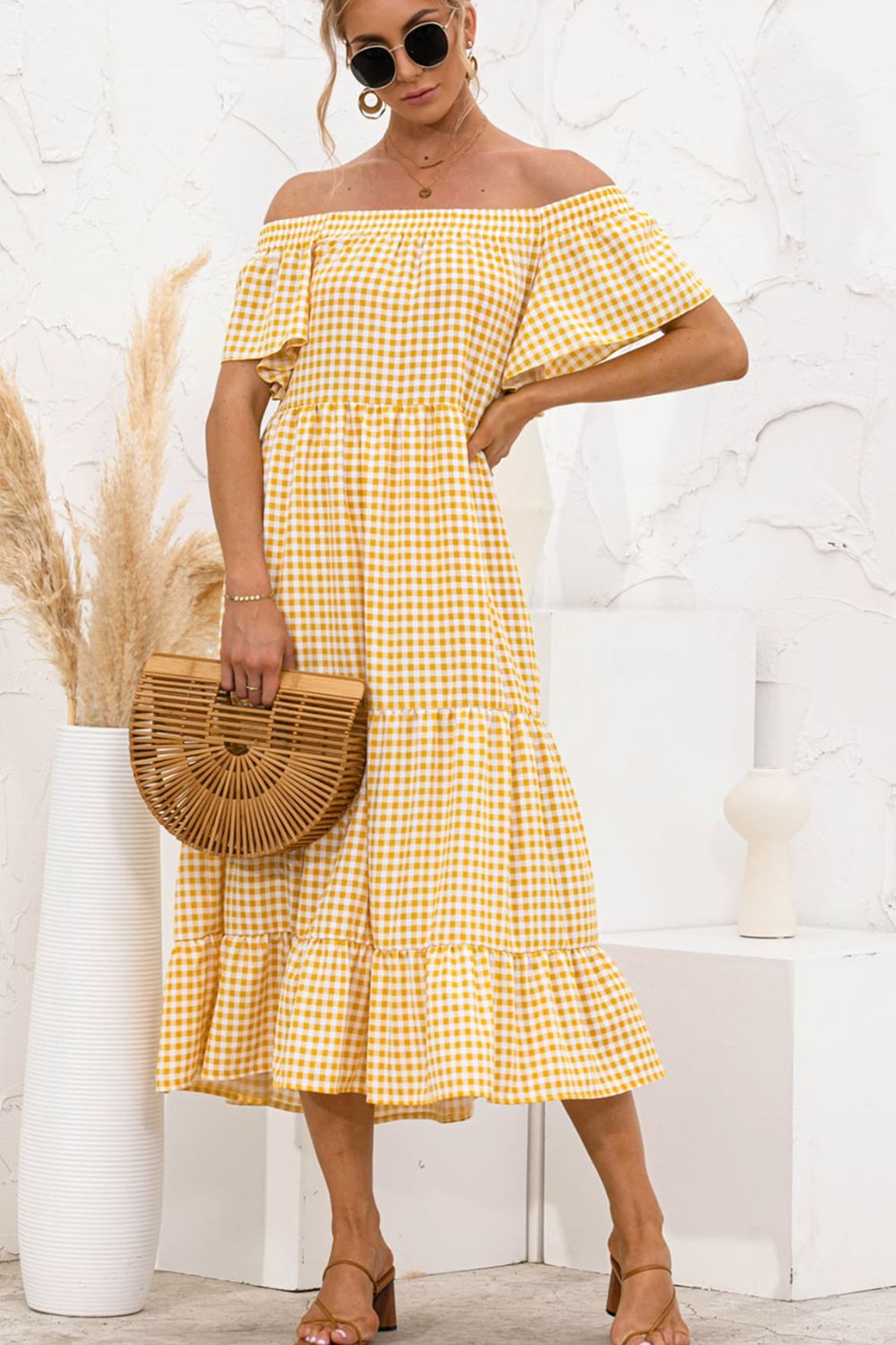 Plaid Off-Shoulder Tiered Midi Dress