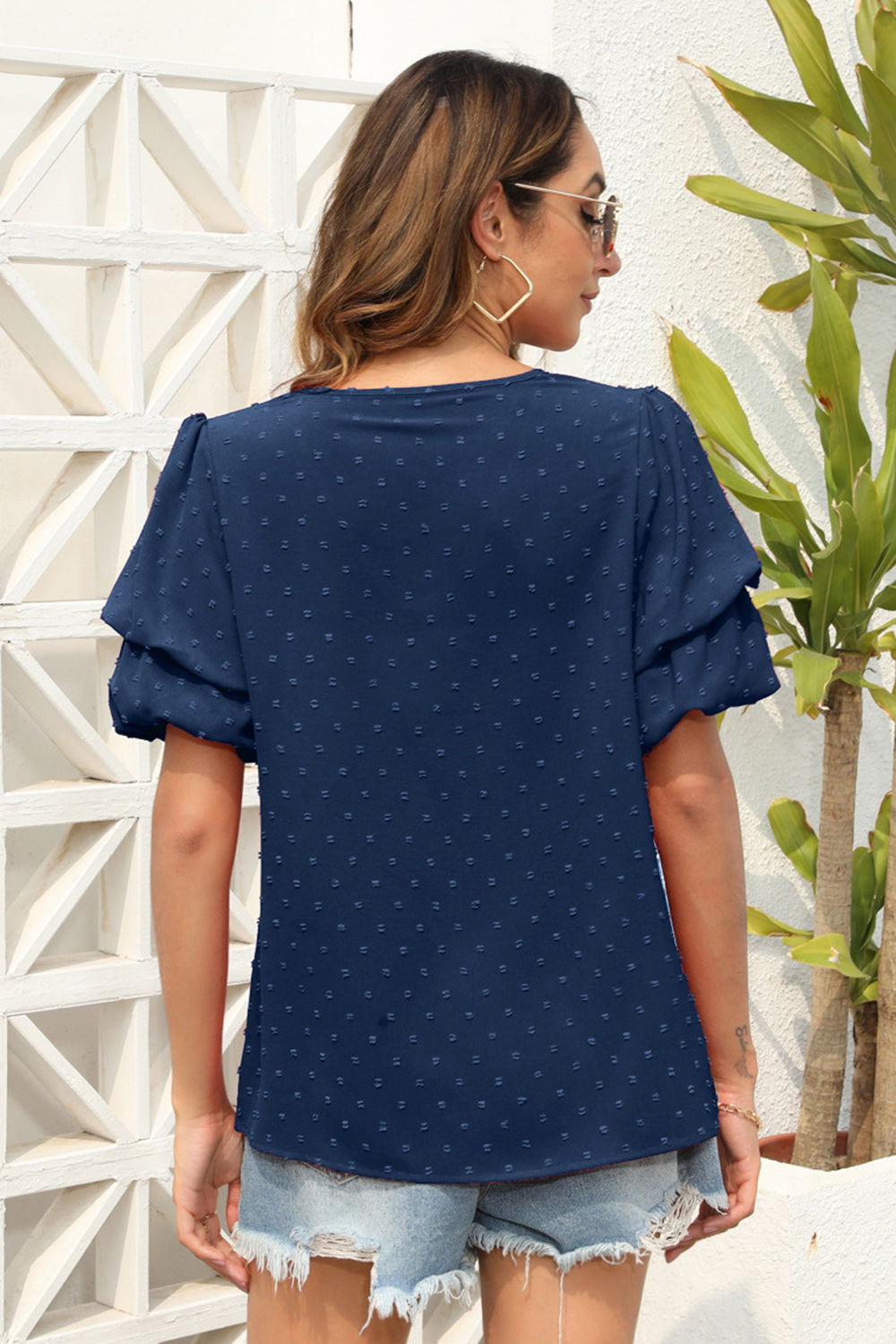 Swiss Dot V-Neck Short Sleeve Blouse