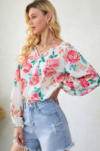 Thumbnail for Floral Notched Neck Long Sleeve Blouse