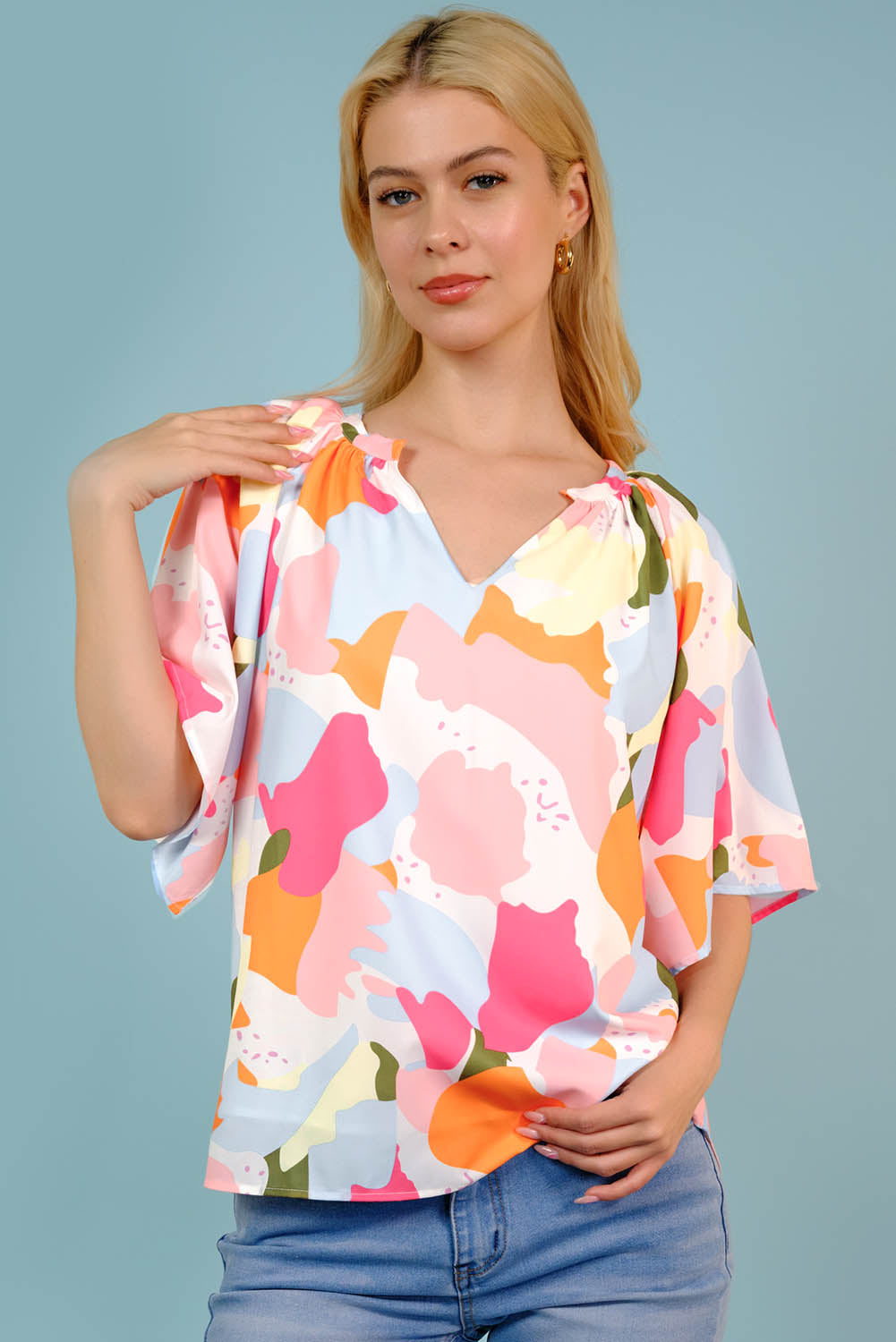 Printed Notched Neck Half Sleeve Blouse