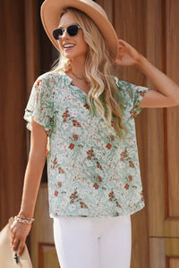 Thumbnail for Floral Notched Neck Flutter Sleeve Blouse