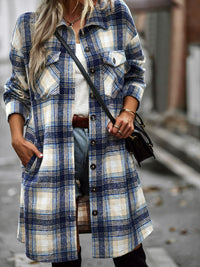 Thumbnail for Plaid Button-Up Longline Jacket with Pockets