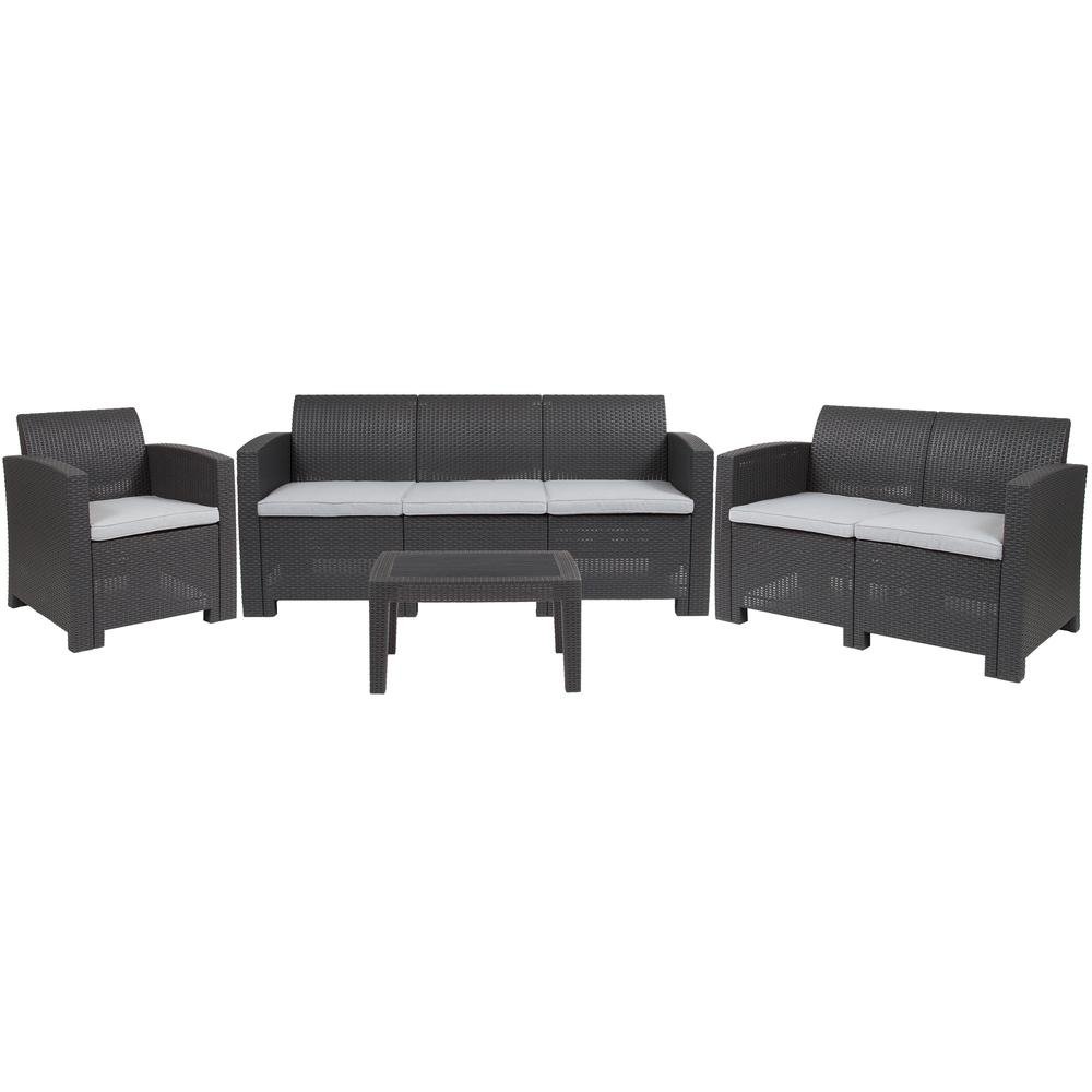 4 Piece Outdoor Faux Rattan Chair, Loveseat, Sofa and Table Set in Dark Gray - Mervyns