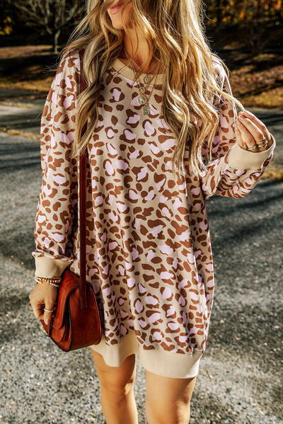 Leopard Round Neck Long Sleeve Dress