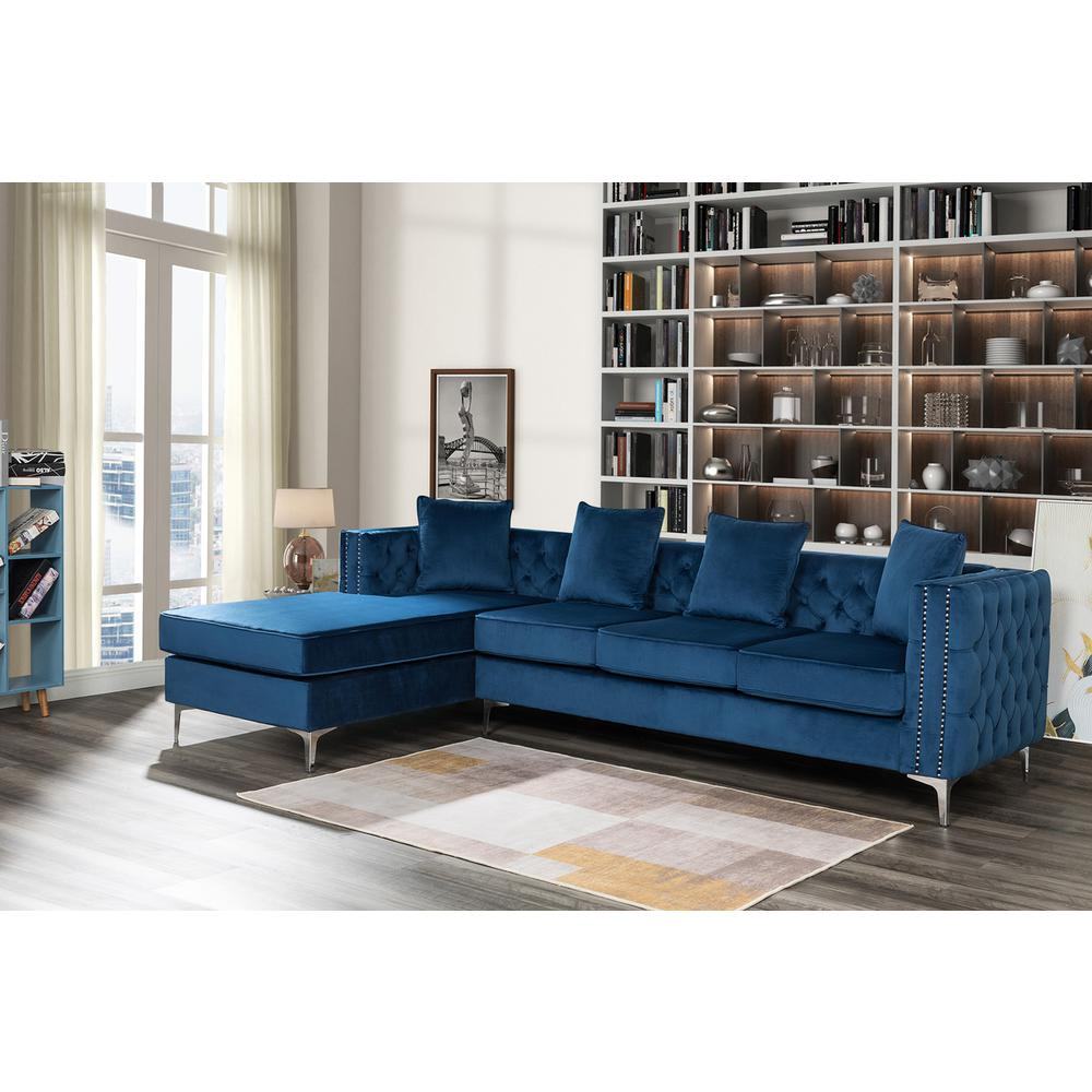 Ryan Deep Blue Velvet Reversible Sectional Sofa Chaise with Nail-Head Trim