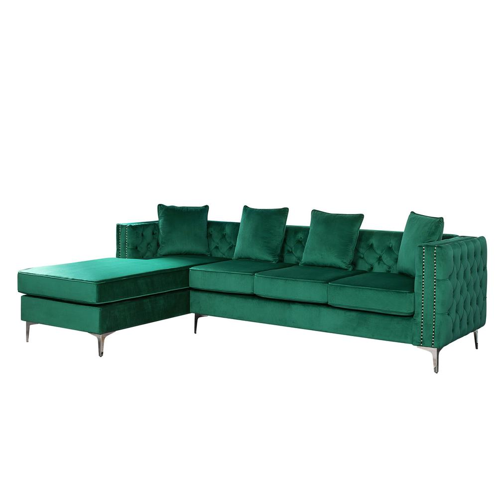 Ryan Green Velvet Reversible Sectional Sofa Chaise with Nail-Head Trim