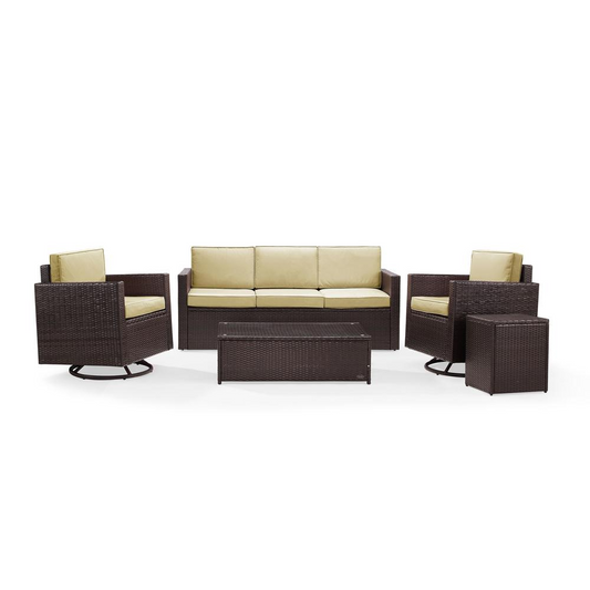 Palm Harbor 5Pc Outdoor Wicker Conversation Set Sand/Brown - Sofa, 2 Swivel Chairs, Side Table, Glass Top Table