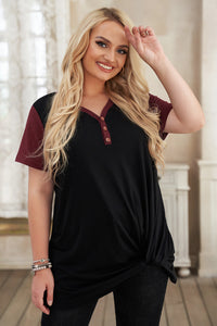 Thumbnail for Plus Size Contrast Twisted Henley Tee