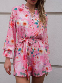 Thumbnail for Floral Button Front Tie-Waist Flounce Sleeve Romper
