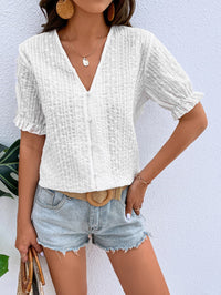 Thumbnail for Buttoned V-Neck Flounce Sleeve Top
