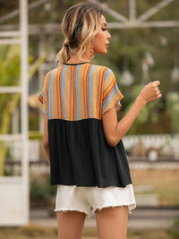 Thumbnail for Striped Tie Neck Short Sleeve Blouse