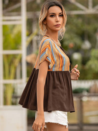 Thumbnail for Striped Tie Neck Short Sleeve Blouse