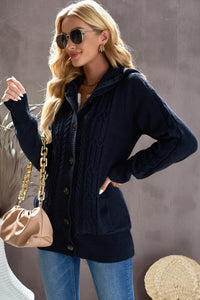 Thumbnail for Cable-Knit Fleece Lining Button-Up Hooded Cardigan