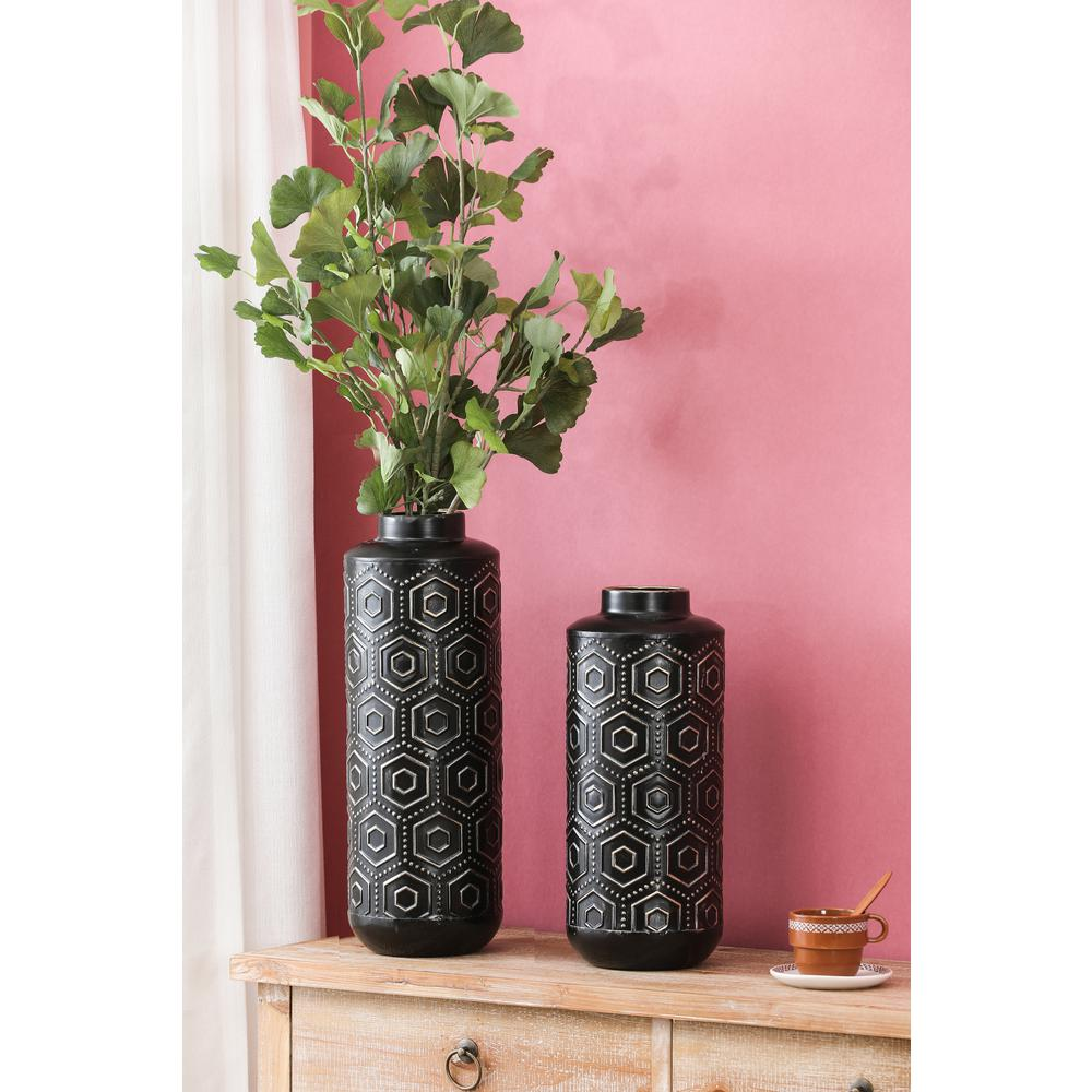 Set of 2 Black and Silver Metal Bottle Vases