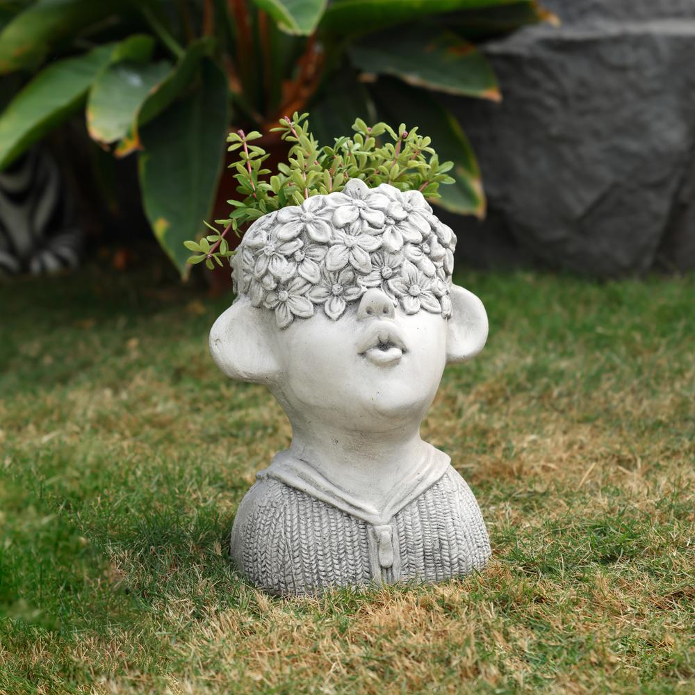 LuxenHome Gray MgO Kissing Flower Child Bust Planter