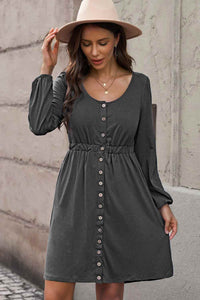Thumbnail for Plus Size Button Front Elastic Waist Long Sleeve Dress