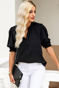 Thumbnail for Notched Neck Puff Sleeve Blouse