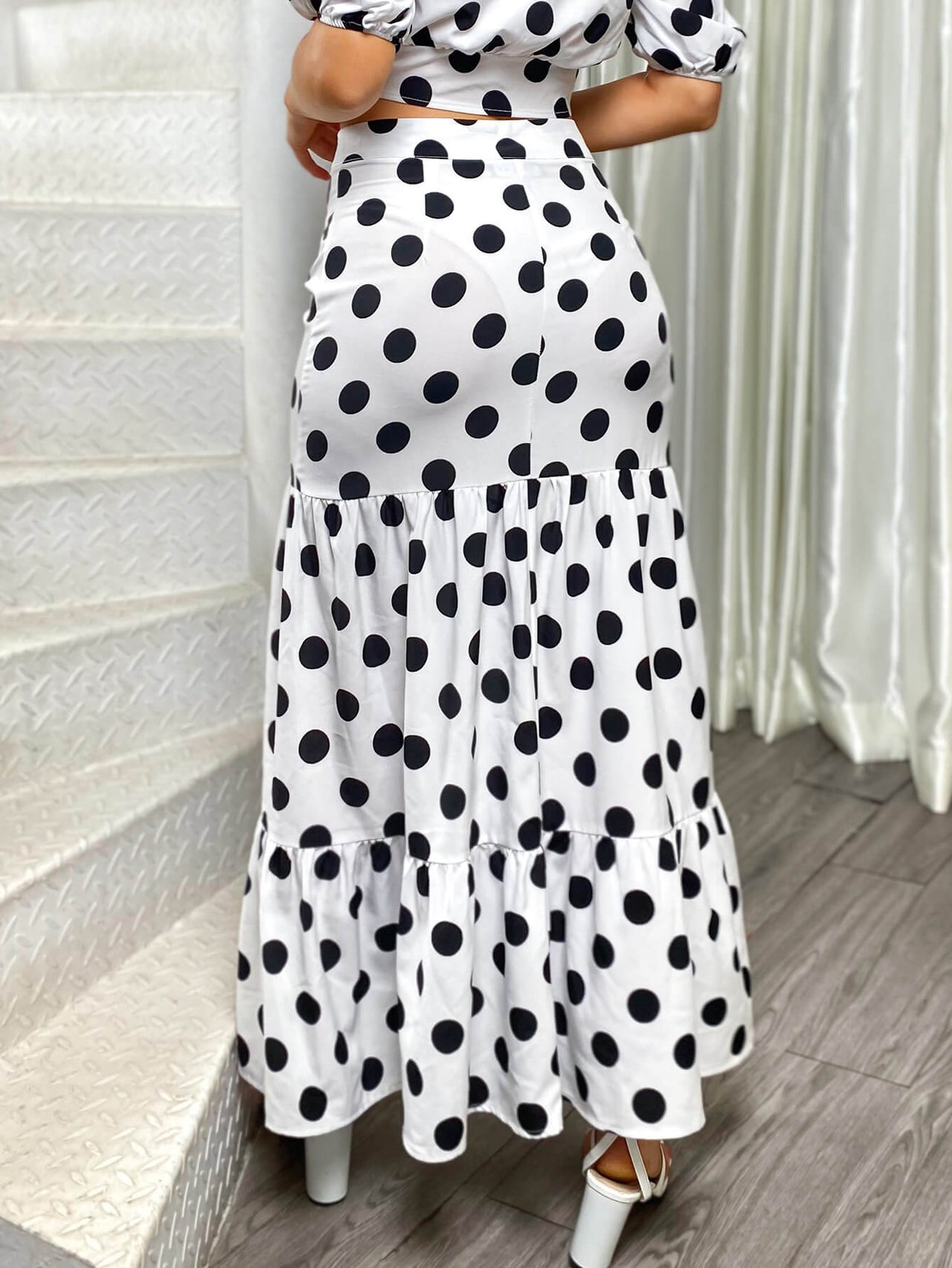 Polka Dot Tiered Button Front Skirt