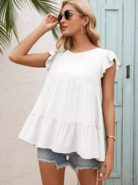 Thumbnail for Round Neck Flutter Sleeve Tiered Blouse