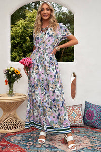 Thumbnail for Floral Buttoned  Short Sleeve Maxi Dress