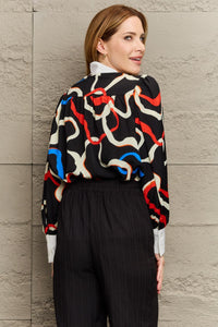 Thumbnail for Printed Tie Neck Puff Sleeve Blouse