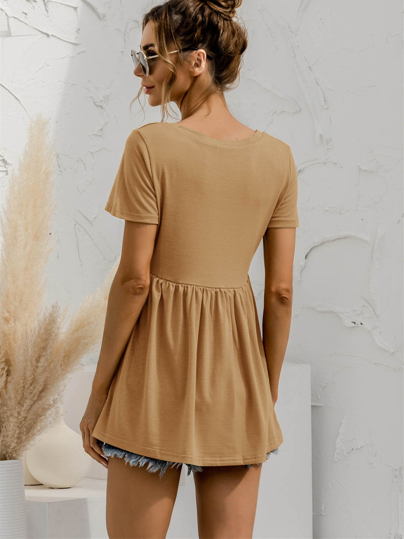 V-Neck Short Sleeve Babydoll Top