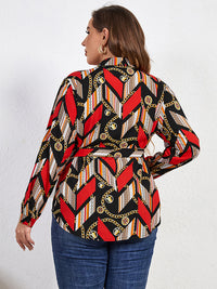 Thumbnail for Plus Size Printed Collared Neck Tie Waist Long Sleeve Shirt