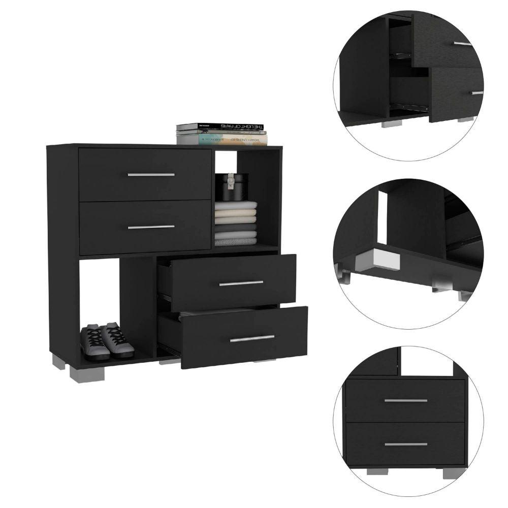 DEPOT E-SHOP Fountain Dresser, Two Open Shelves, Four Drawers-Black, For Bedroom