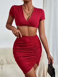 Thumbnail for Twisted Deep V Cropped Top and Ruched Skirt Set