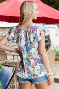 Thumbnail for Floral Round Neck Flutter Sleeve Blouse
