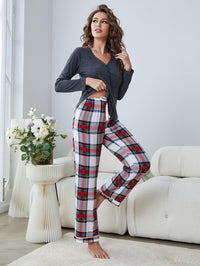 Thumbnail for Buttoned Long Sleeve Top and Plaid Pants Lounge Set