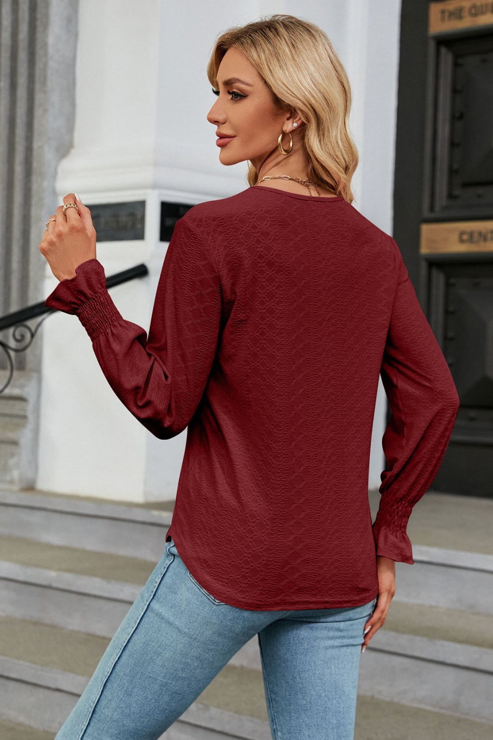 V-Neck Flounce Sleeve Blouse