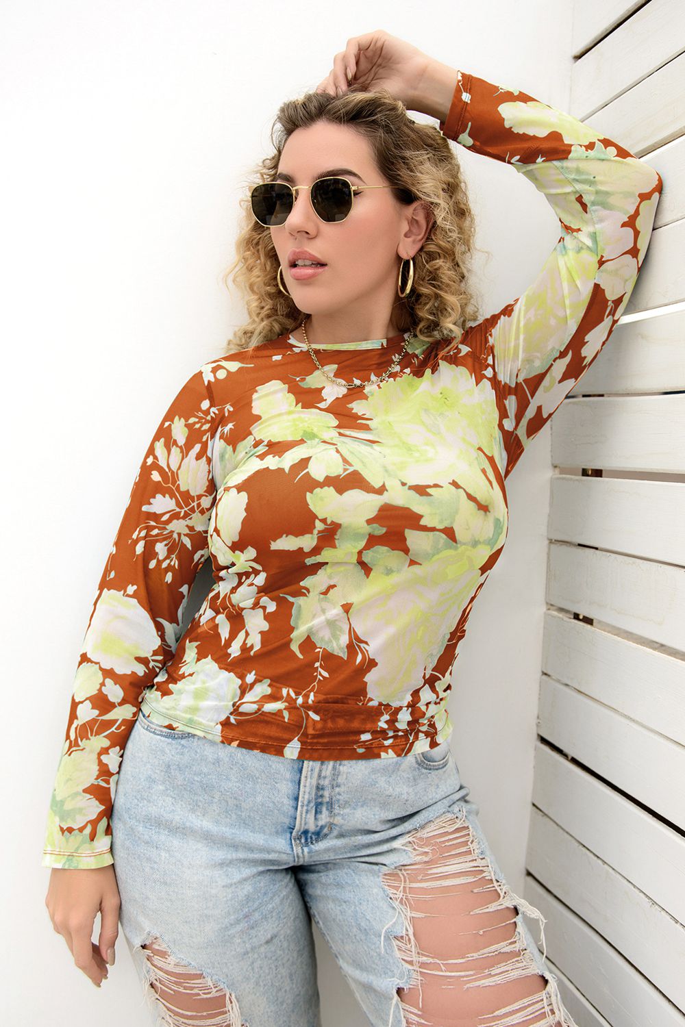 Plus Size Printed Round Neck Long Sleeve Blouse