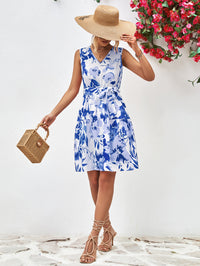 Thumbnail for Floral V-Neck Tie Waist Sleeveless Dress